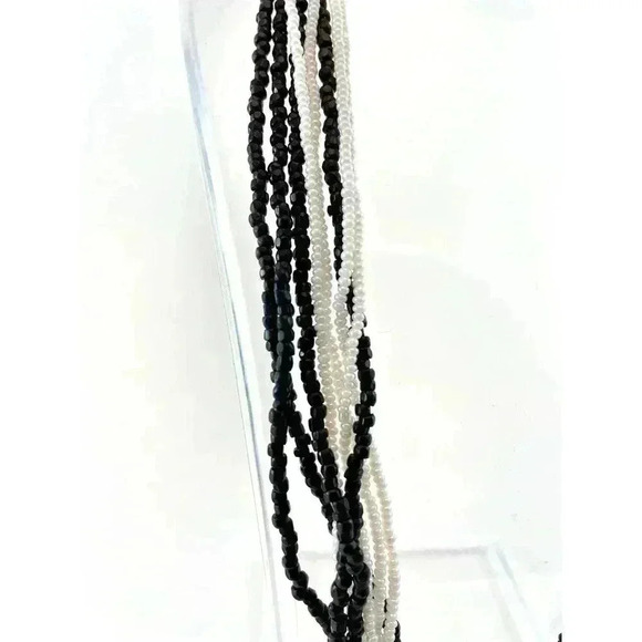 Cluster Layered Black and White Tiny Seed Bead Multi Strand Necklace 17" Long - Picture 10 of 11